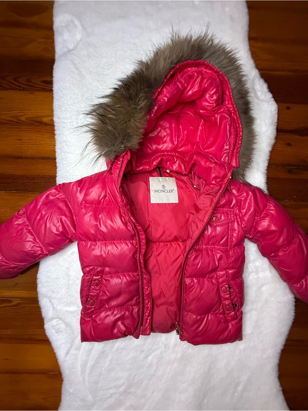 Moncler Kids Pink Puffer Jacket with Faux Fur Hood Girks (Sz 3)
